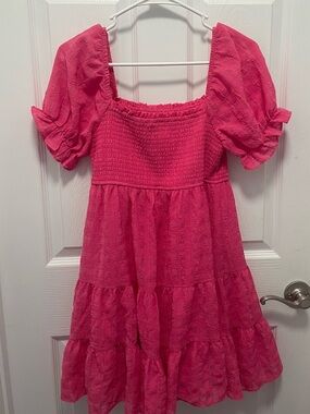 Allison and Kelly Hot Pink Smocked Puff Sleeve Tiered Mini Dress